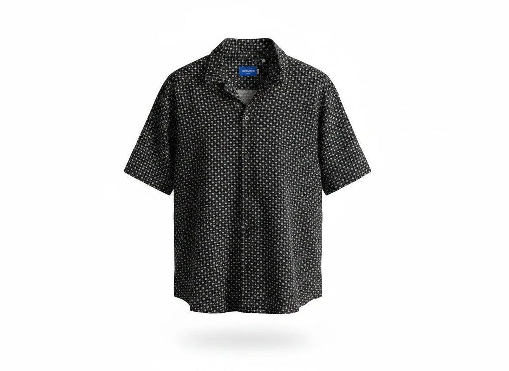 Anchor & Crew short sleeve button down shirt in black with a white geometric print and classic collar