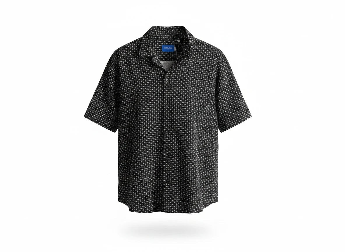Anchor & Crew short sleeve button down shirt in black with a white geometric print and classic collar