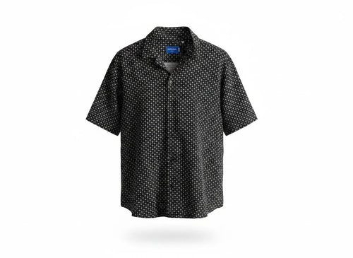 Anchor & Crew short sleeve button down shirt in black with a white geometric print and classic collar