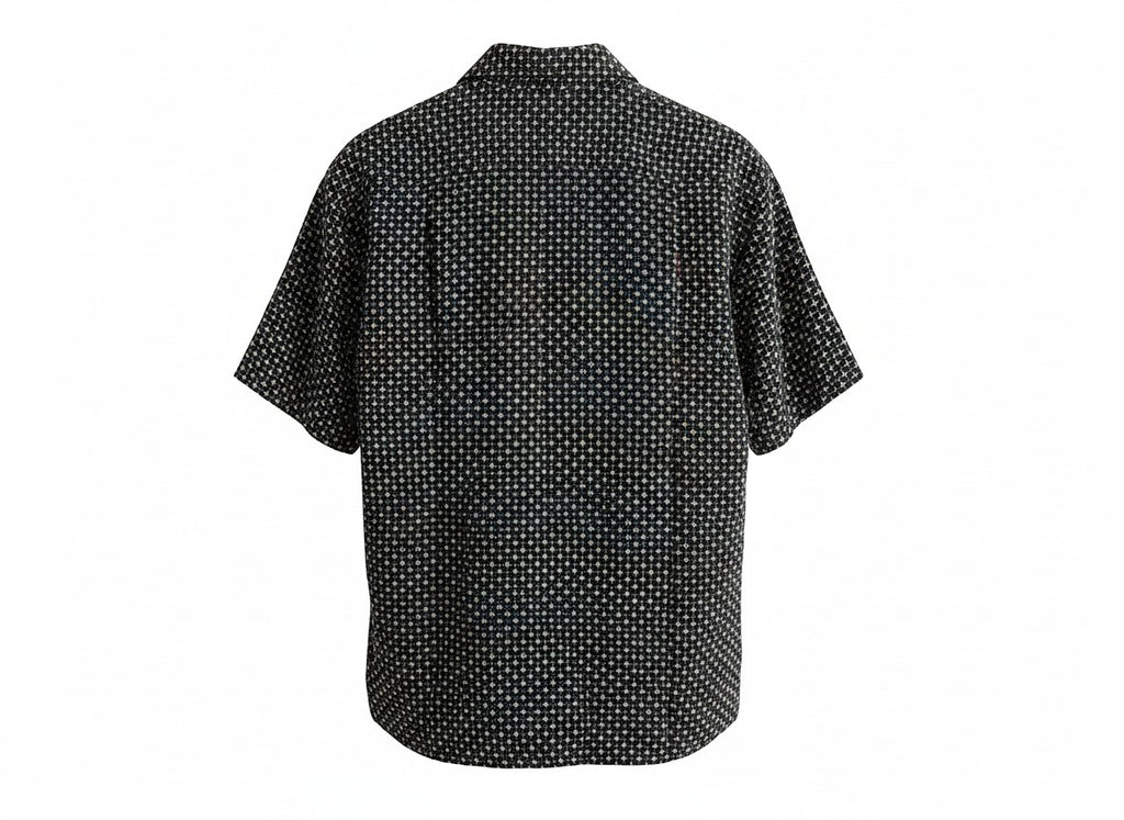 Anchor & Crew short sleeve button-down shirt in black with a white geometric pattern and classic collar.