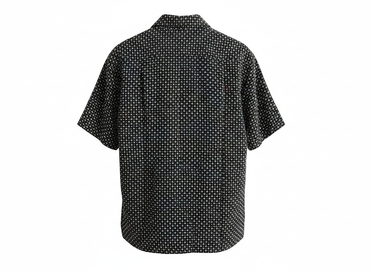 Anchor & Crew short sleeve button-down shirt in black with a white geometric pattern and classic collar.