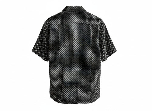 Anchor & Crew short sleeve button-down shirt in black with a white geometric pattern and classic collar.